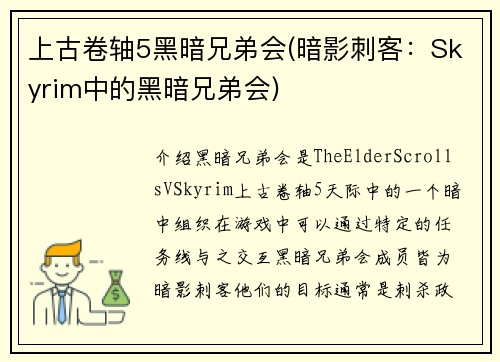 上古卷轴5黑暗兄弟会(暗影刺客：Skyrim中的黑暗兄弟会)